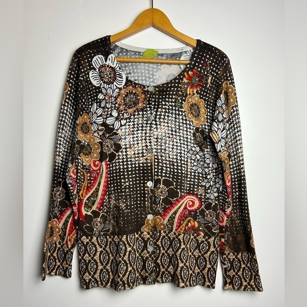 Prima Bella VTG Y2K SZ M Artsy Long Sleeve sequins Fall Paisley Cardigan Sweater